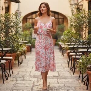 Abstract Print Lined Midi Dress Spaghetti‎ Flowy Summer Vacation Feminine Sz L